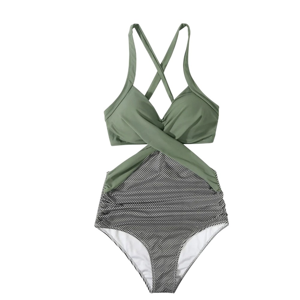 Womens Olive Green Striped Halter One Piece Swimsuit Women's Size M - Picture 2 of 4